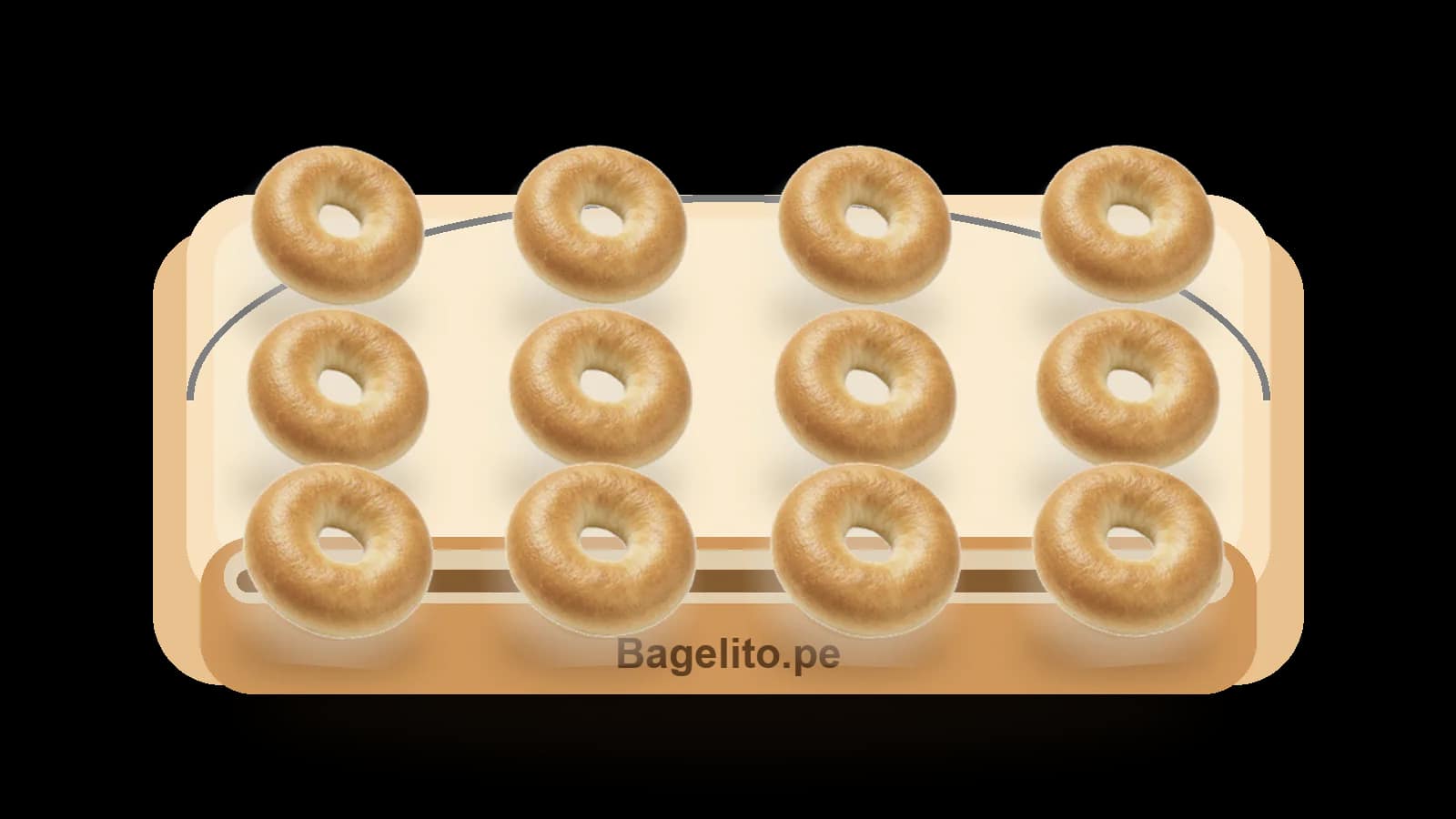Twelve single flavor handmade Bagelito bagels in a tray
